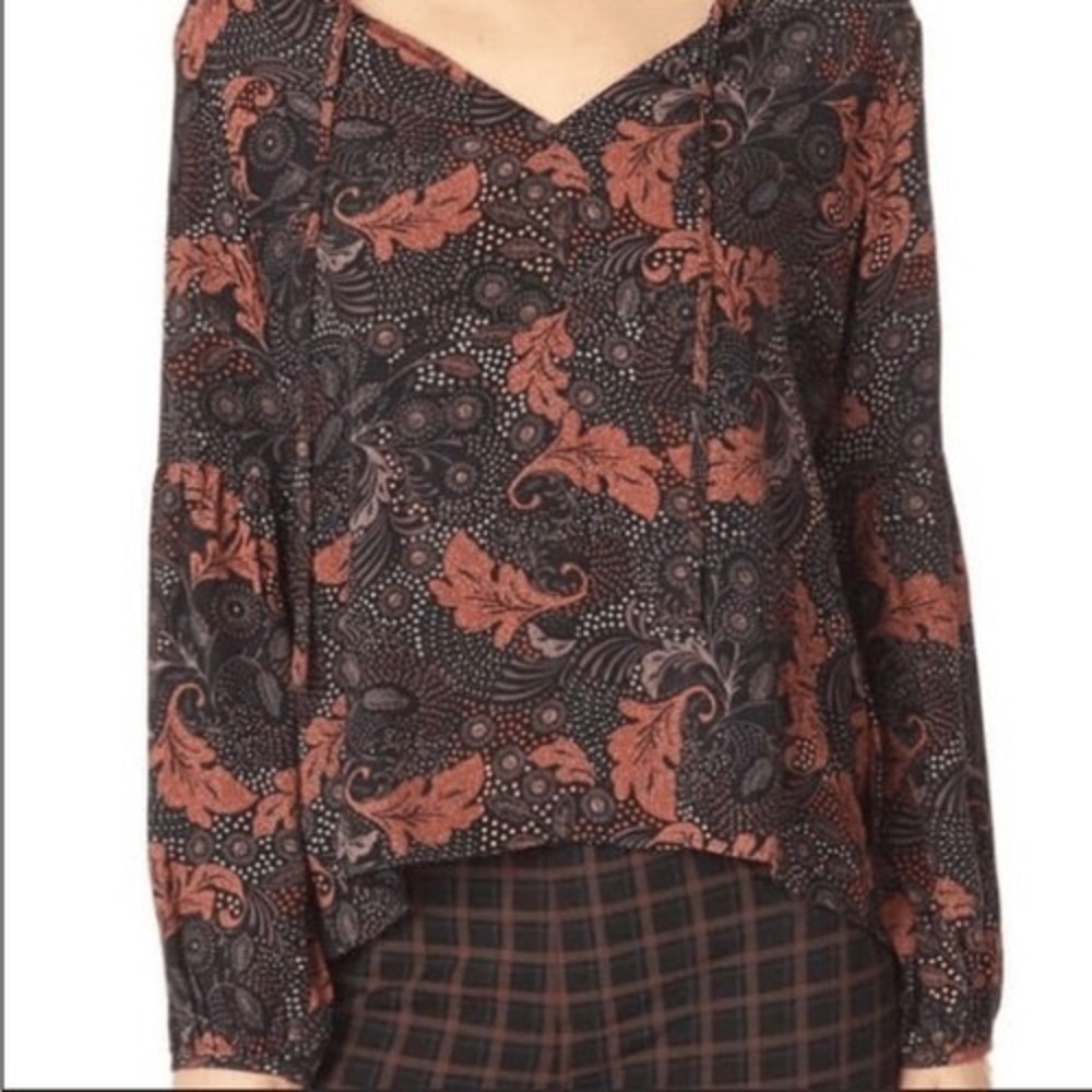 Sanctuary Floral Paisley Print Boho V‎ Neck Tie Long Sleeve Tunic Blouse Top S
